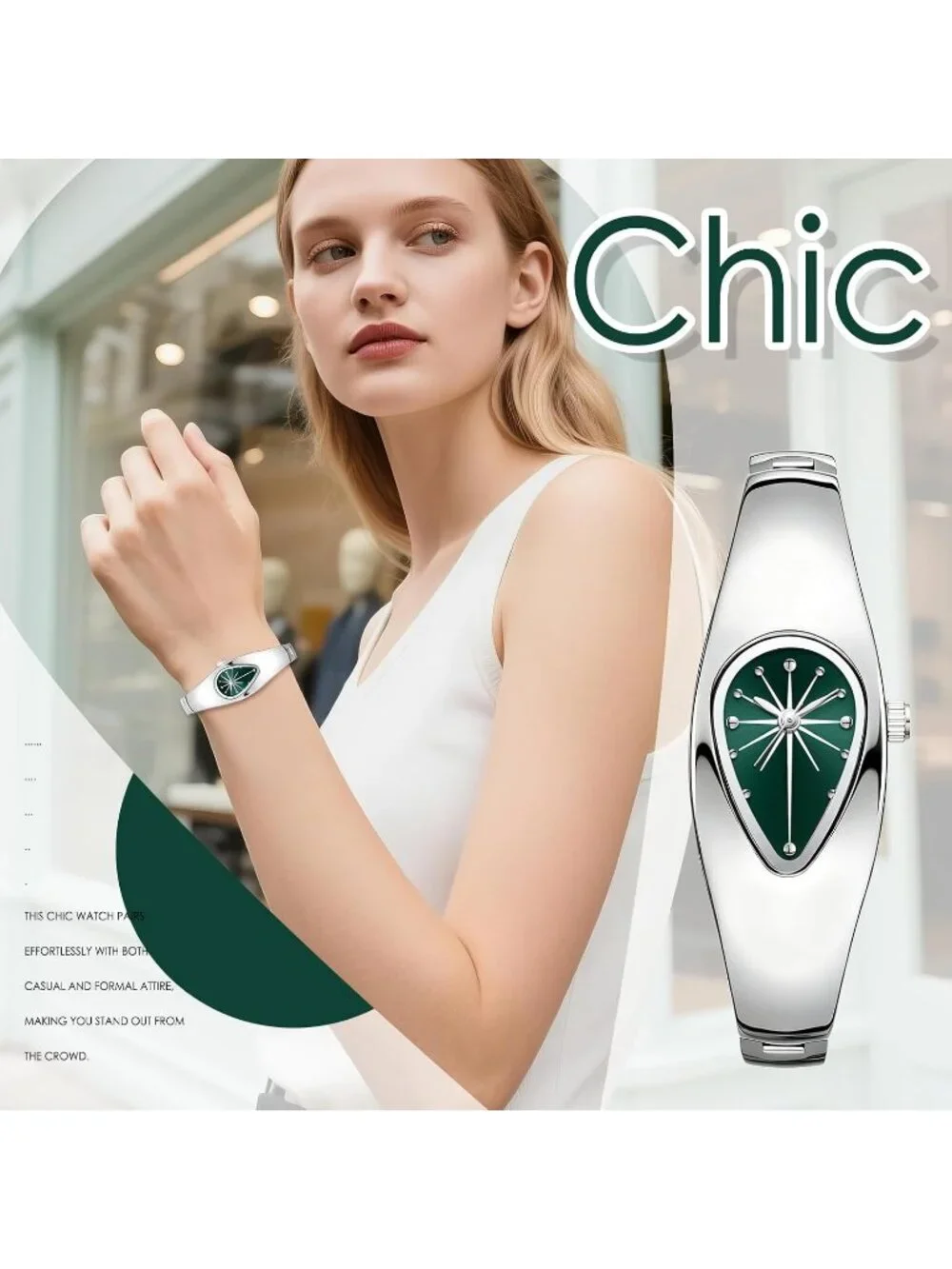 Women's Silver Green Stainless Steel Strap Teardrop Shape Dial Quartz Watch